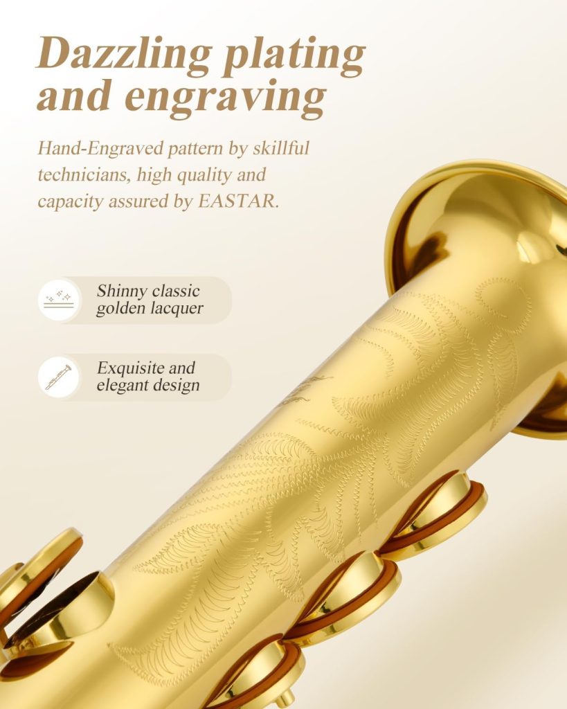 Eastar SS-Ⅱ Soprano Saxophone Bb Flat Sax for Student Beginner Professional, Cleaning Cloth, Carrying Case, Mouthpiece, Neck Strap, Reeds, Stand, Golden