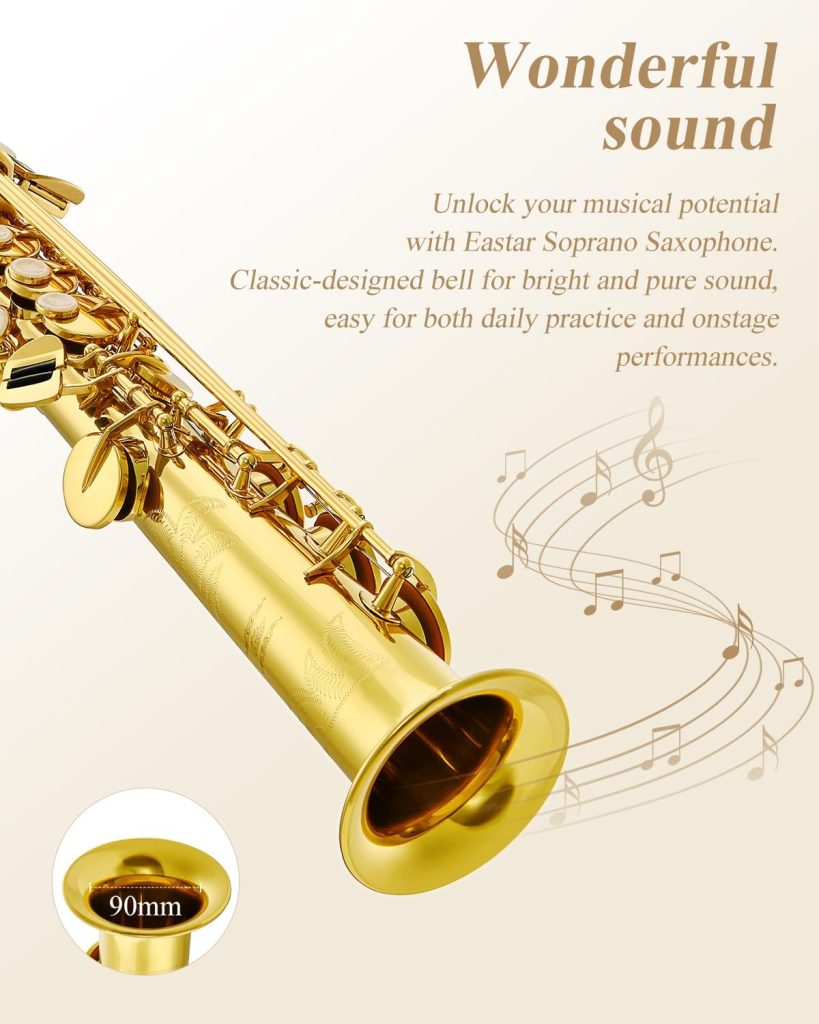Eastar SS-Ⅱ Soprano Saxophone Bb Flat Sax for Student Beginner Professional, Cleaning Cloth, Carrying Case, Mouthpiece, Neck Strap, Reeds, Stand, Golden