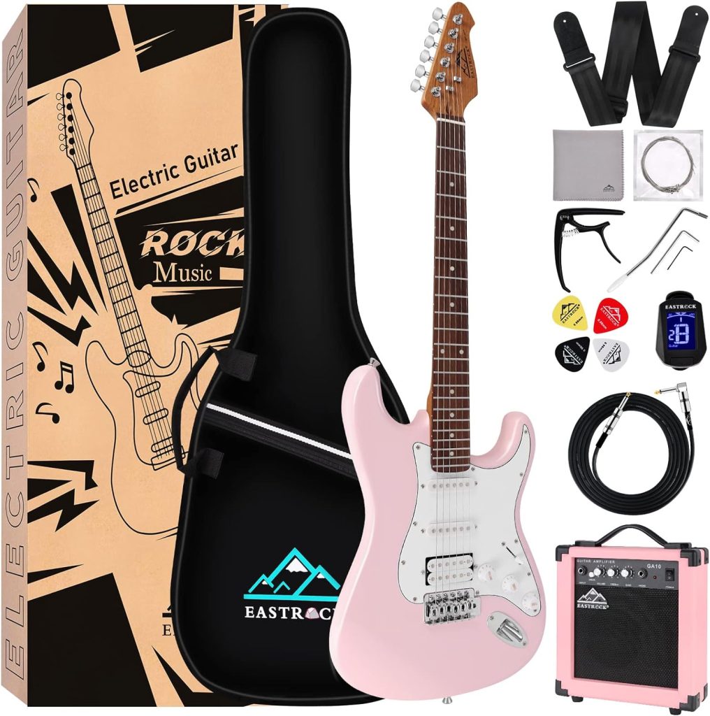EASTROCK 39 inch Full-Size Electric Guitar Kit for Beginner Starter with 10w Amp, Bag, Capo, Shoulder Strap, String, Cable, Tuner, Picks. (39 Right Handed, Pink)