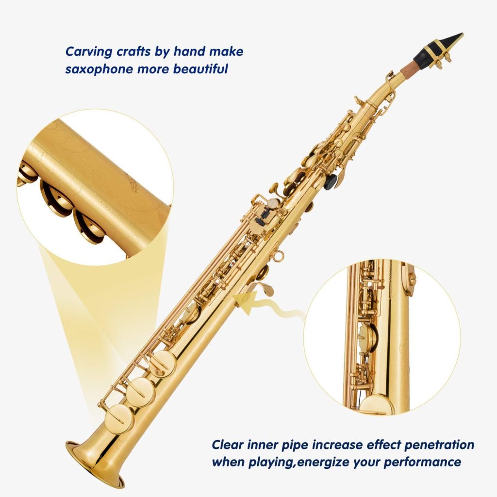 EastRock Bb Soprano Saxophone Straight Gold Laquer Sax Instruments for Beginners Students Intermediate Players with Carrying Case,Mouthpiece,Pads,Reed,Cleaning kit,neck Strap,White Gloves