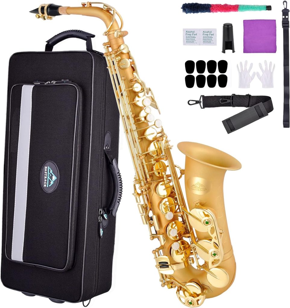 EASTROCK Black/Golden Alto Saxophone E Flat Sax Full Kit for Students Beginner with Carrying Case,Mouthpiece,Mouthpiece Cushion Pads,Cleaning ClothCleaning Rod,White Gloves,Neck Strap