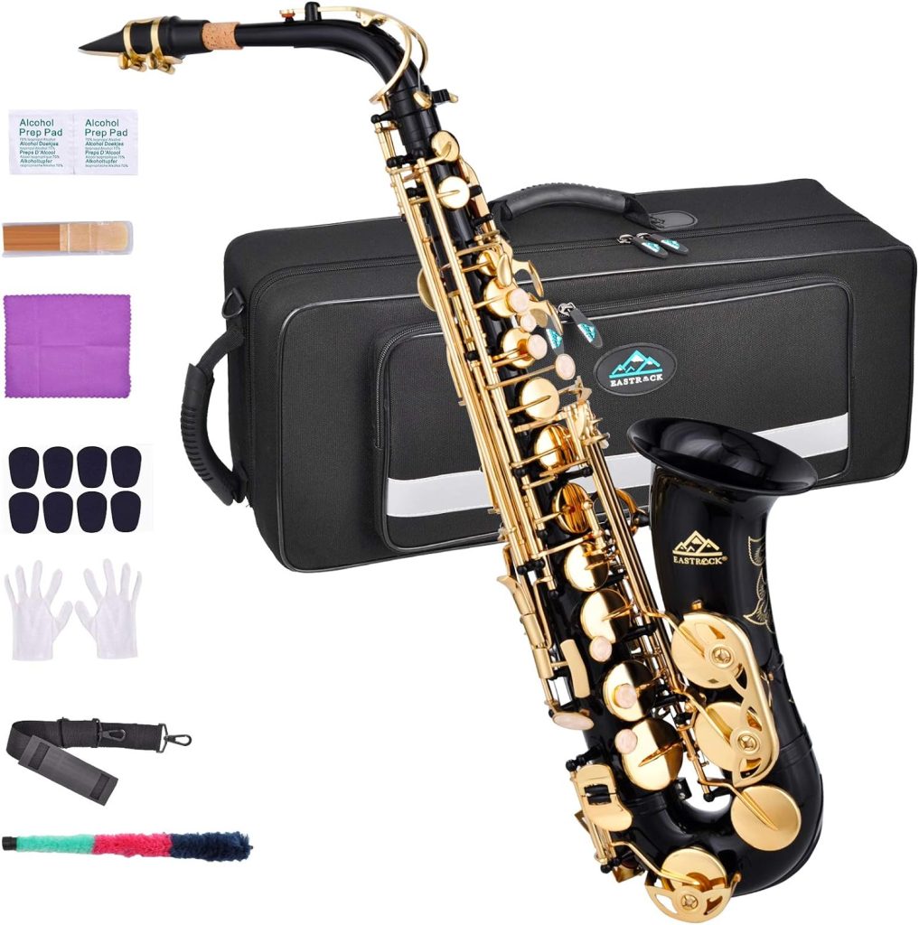 EASTROCK Black/Golden Alto Saxophone E Flat Sax Full Kit for Students Beginner with Carrying Case,Mouthpiece,Mouthpiece Cushion Pads,Cleaning ClothCleaning Rod,White Gloves,Neck Strap