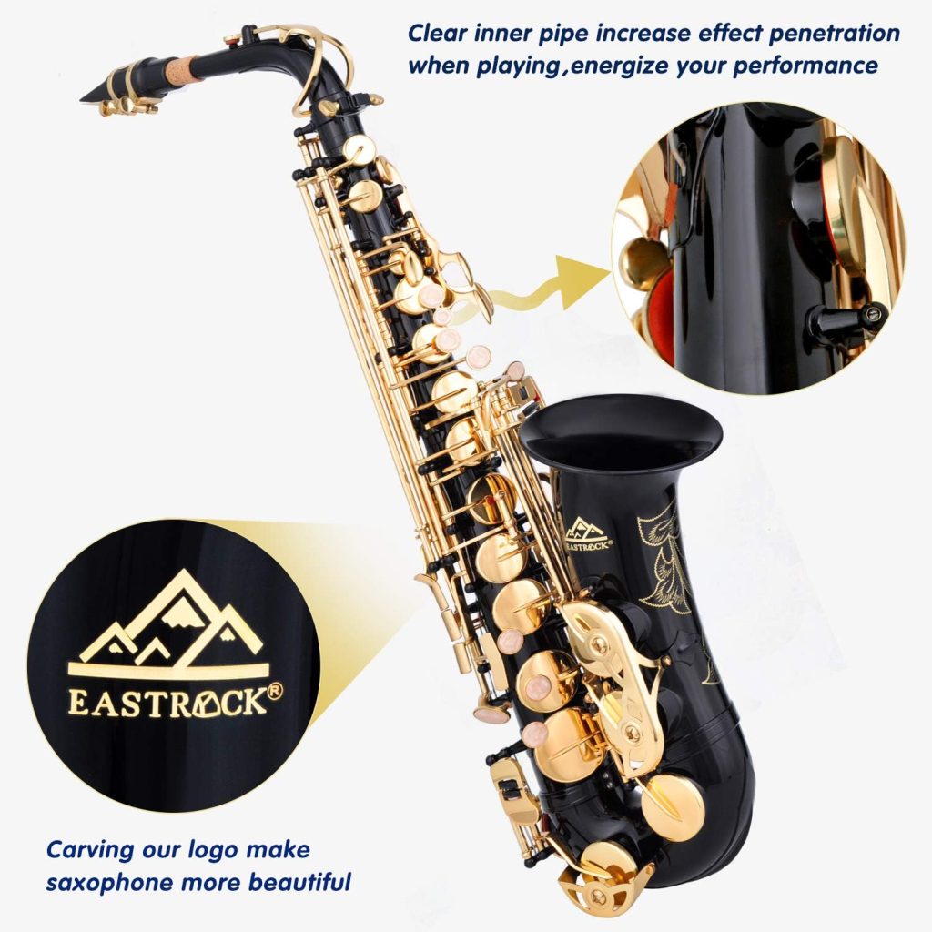 EASTROCK Black/Golden Alto Saxophone E Flat Sax Full Kit for Students Beginner with Carrying Case,Mouthpiece,Mouthpiece Cushion Pads,Cleaning ClothCleaning Rod,White Gloves,Neck Strap