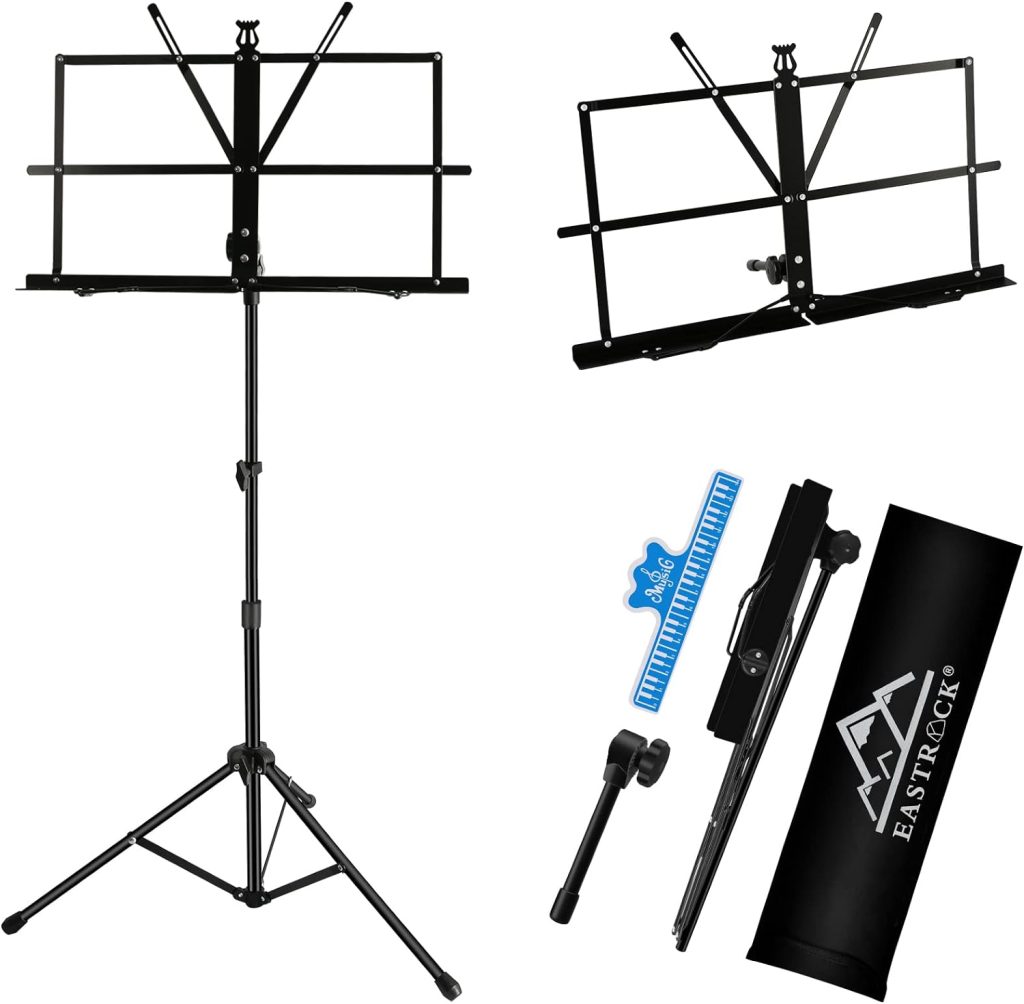 EASTROCK Folding Music Sheet Stand 2 in 1 Dual-Use Portable Music Stand Lightweight with Carrying Bag, Metal Music Stand Foldable with Music Sheet Holder Suitable for Instrumental Performance