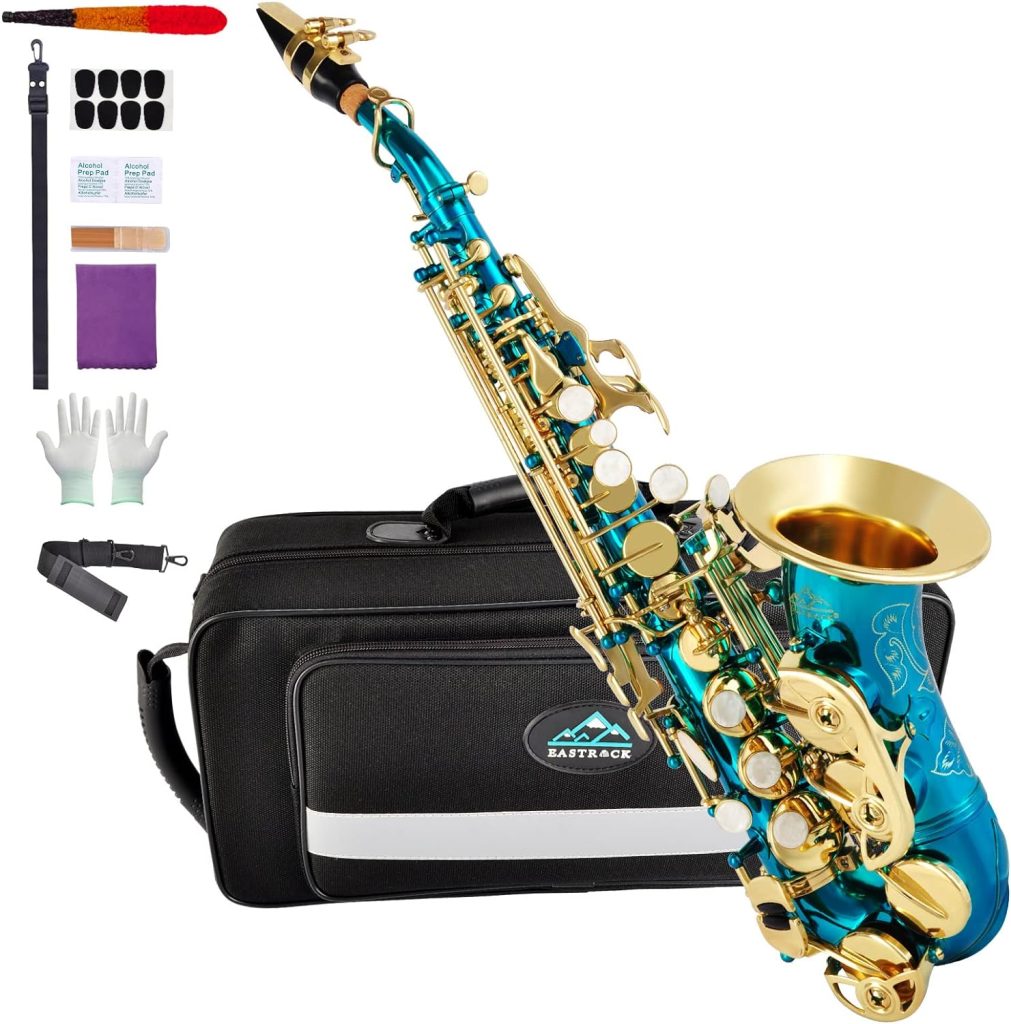EASTROCK Soprano Saxophone Curved Bb Flat blue Sax Instruments for Beginners Students Intermediate Players with Carrying Case,Mouthpiece,Pads,Reed,Cleaning kit,neck Strap,White Gloves