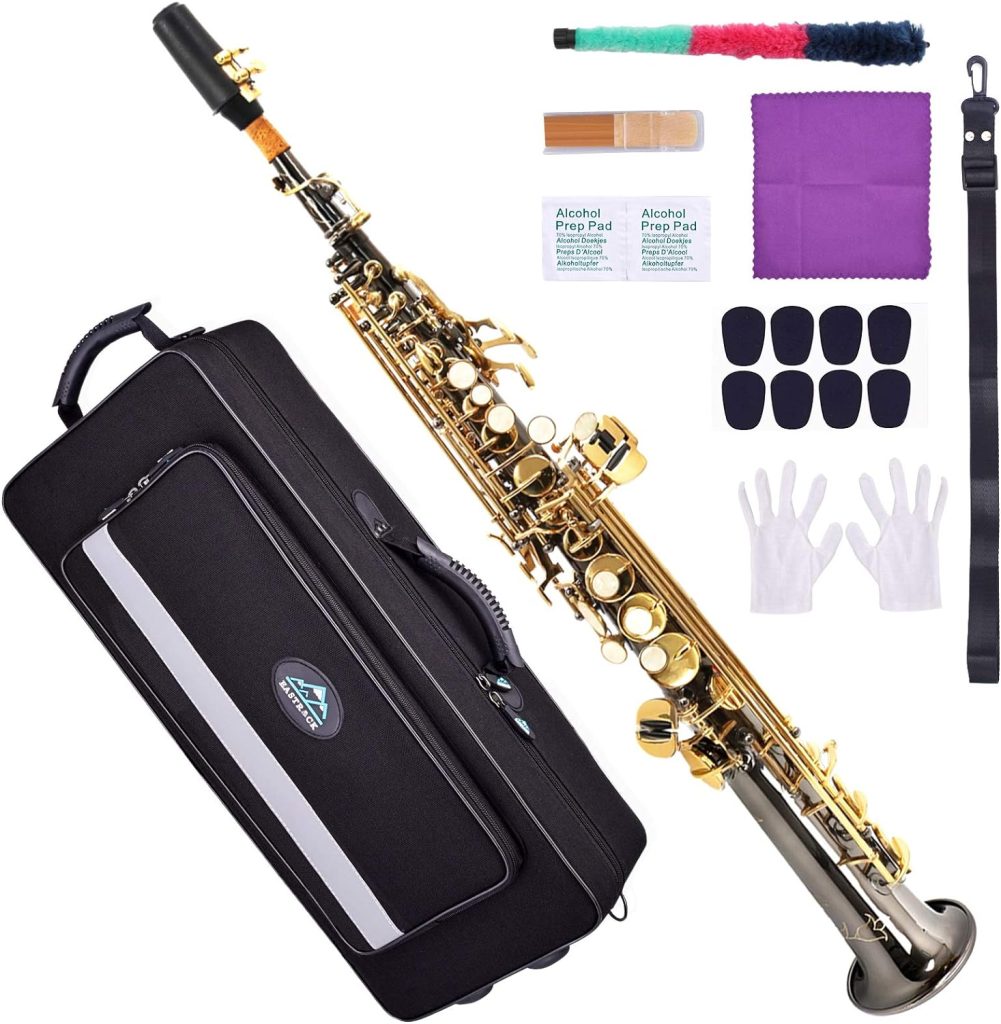 EASTROCK Soprano Saxophone Curved Bb Flat blue Sax Instruments for Beginners Students Intermediate Players with Carrying Case,Mouthpiece,Pads,Reed,Cleaning kit,neck Strap,White Gloves