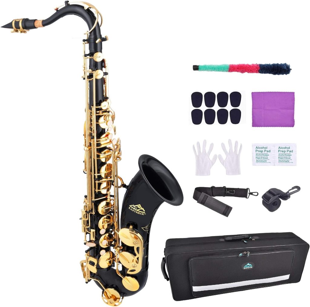 EASTROCK Tenor Saxophone B Flat Black/Gold Laquer Sax Students Beginner With Updated Carrying Case,Reeds,Cleaning Kit,Gloves,Neck Straps,Mouthpieces