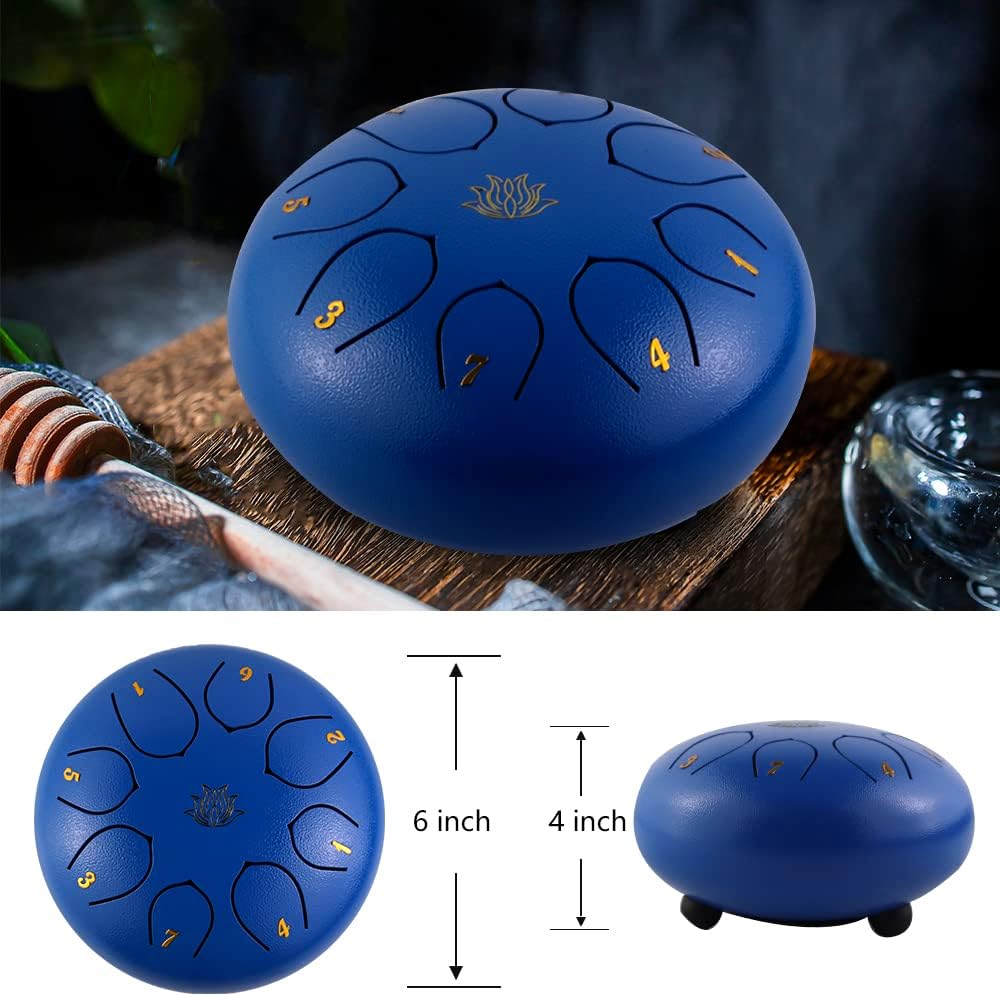 Eavnbaek Steel Tongue Drum 6 Inch 8 Note Steel Hand Drum with Bag, Music Book, Drumsticks, Mallet Holder and Finger Paddles, for Camping, Meditation or Yoga (Navy Blue)