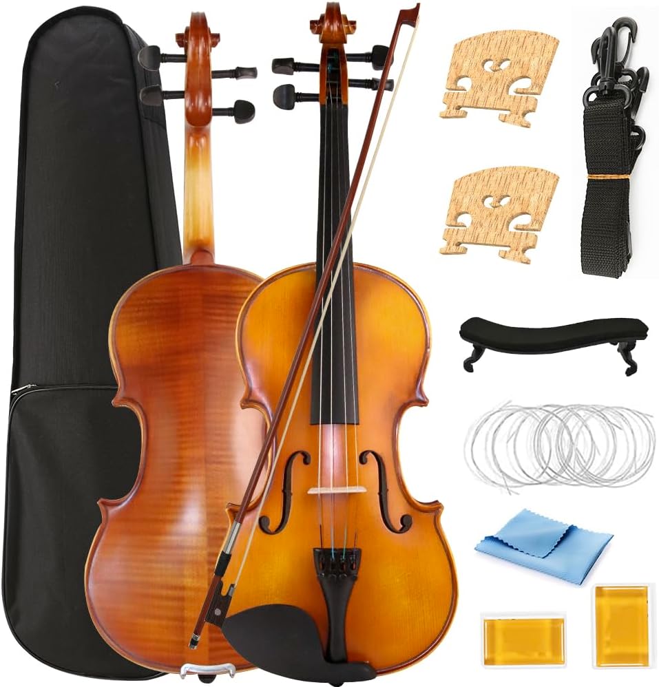 Eavnbaek Violin 4/4 Full Size Set, Solid Wood Fiddle for Adults Beginners Students Kids, with Hard Case, Violin Bow, Shoulder Rest, 2 Rosins and Extra String (Standard)