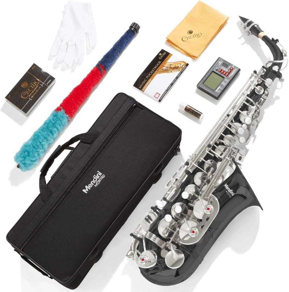 Eb Alto Saxophone - Case, Tuner, Mouthpiece, 10 Reeds, Pocketbook - Black  NickelE Flat Musical Instruments