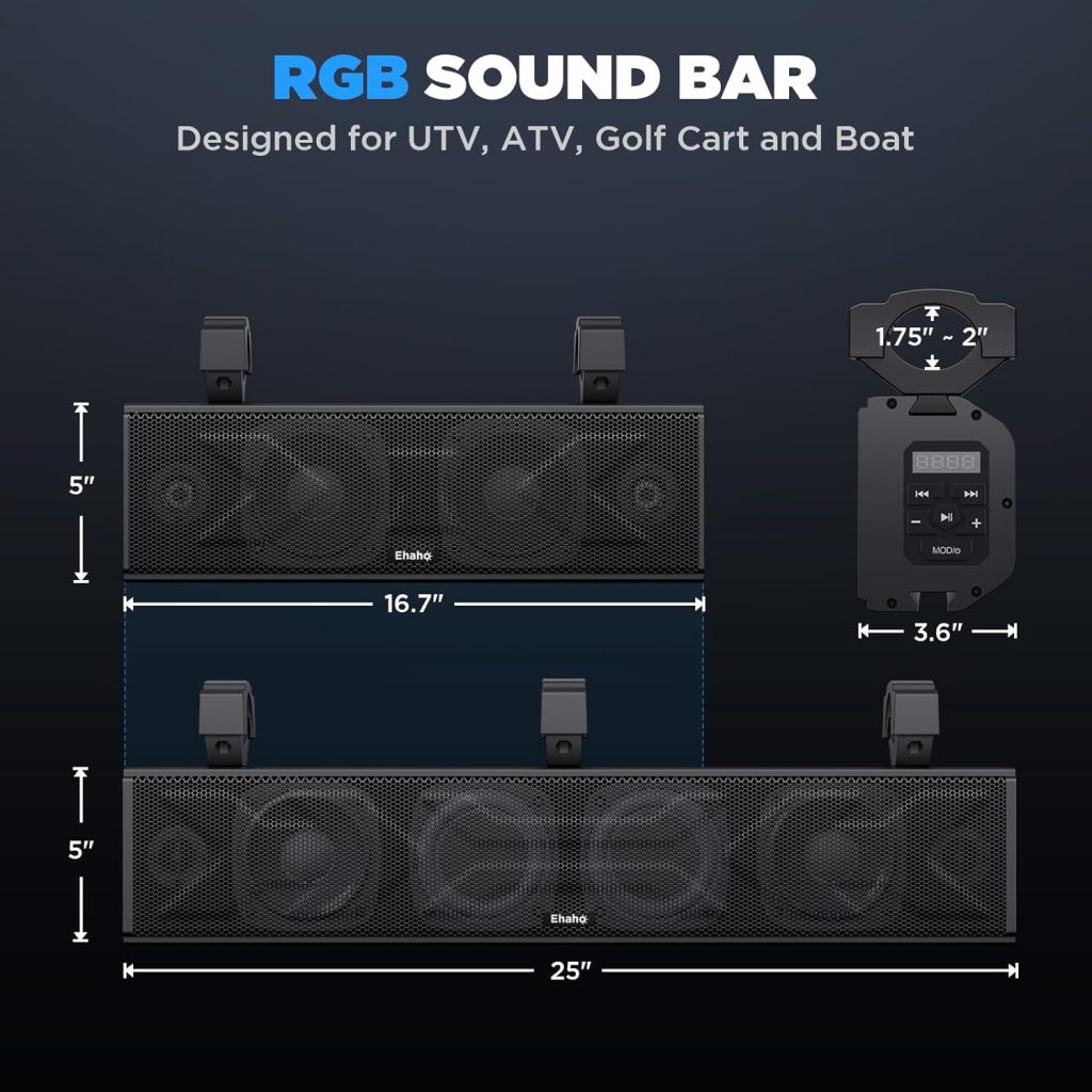 Ehaho 25 Inch UTV Sound Bar, ATV SoundBar Bluetooth with RGB Lighting, Amplified Powersports SXS Sound Bar, Waterproof Golf Cart Sound Bar, UTV Speakers for Marine Polaris RZR Can-Am