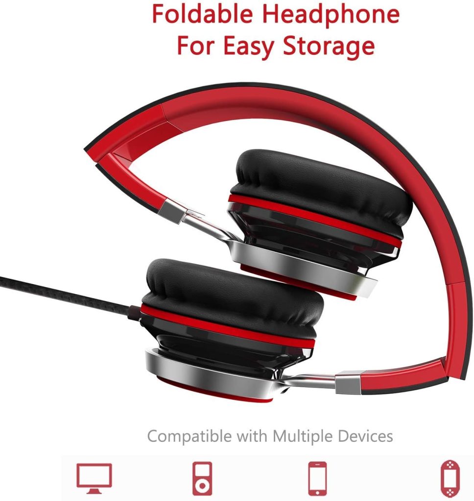 ELECDER i39 Headphones with Microphone Foldable Lightweight Adjustable On Ear Headsets with 3.5mm Jack for Cellphones Computer MP3/4 Kindle School Red/Black