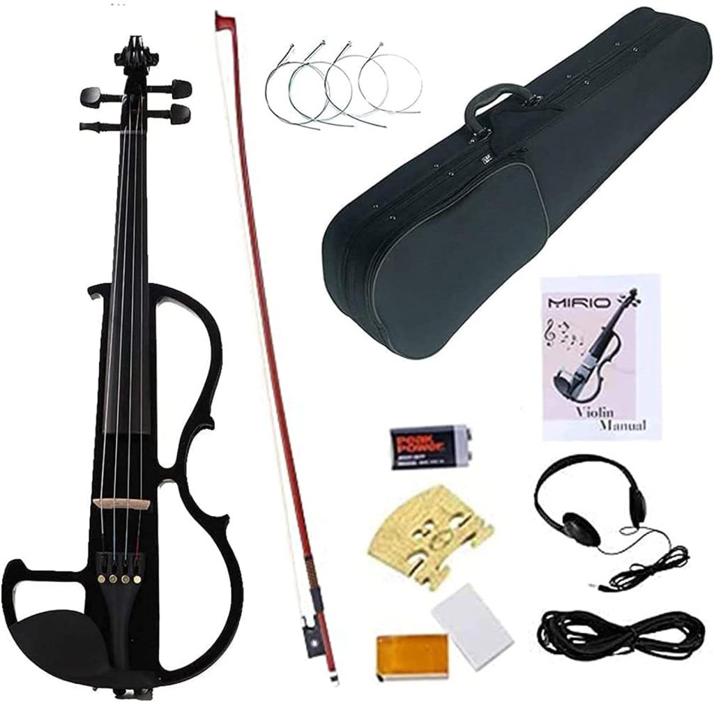 Electric Violin, MIRIO 4/4 Full Size Black Silent Electric Violins, Solid Wood Metallic Electronic Quite Violin with Ebony Fittings, Beginner Kit for Adults Teens