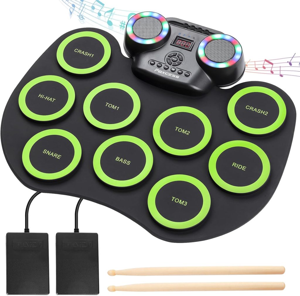 Electronic Drum Kit 9 Pads Roll-up Practice Drum Set With Colorful Lights for 8h Playing With Built-in Speaker, Headphone, USB MIDI Jack for Kids, Teens, and Adults Beginner, Best Birthday Gift