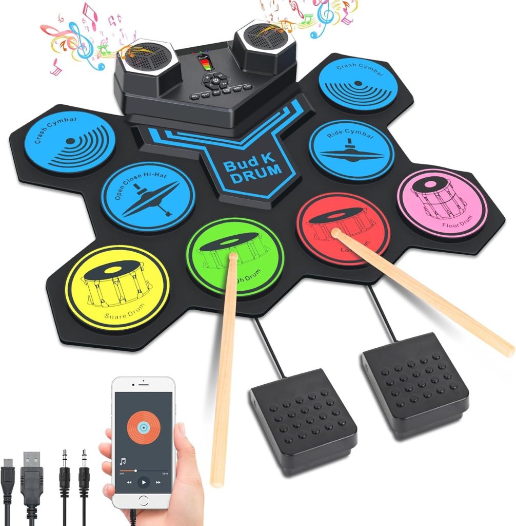 Electronic Drum Set, 9 Pads Electric Drum Set for Kids, Roll Up Drum Practice Pad with Headphone Jack, 2 Built in Speaker, 2 Drum Pedal, Best Gift Beginner, Birthday, Christmas Holiday for Kids
