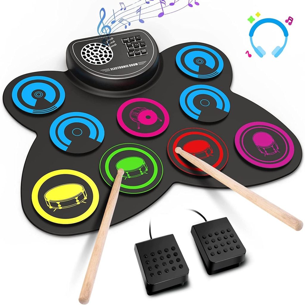 Electronic Drum Set, EKEMOND 9 Drum Practice Pad with Headphone Jack, Roll-up Drum Pad Machine with Built-in Speaker Drum Pedals Drum Sticks 10 Hours Playtime, Ideal Christmas Holiday Gift for Kids