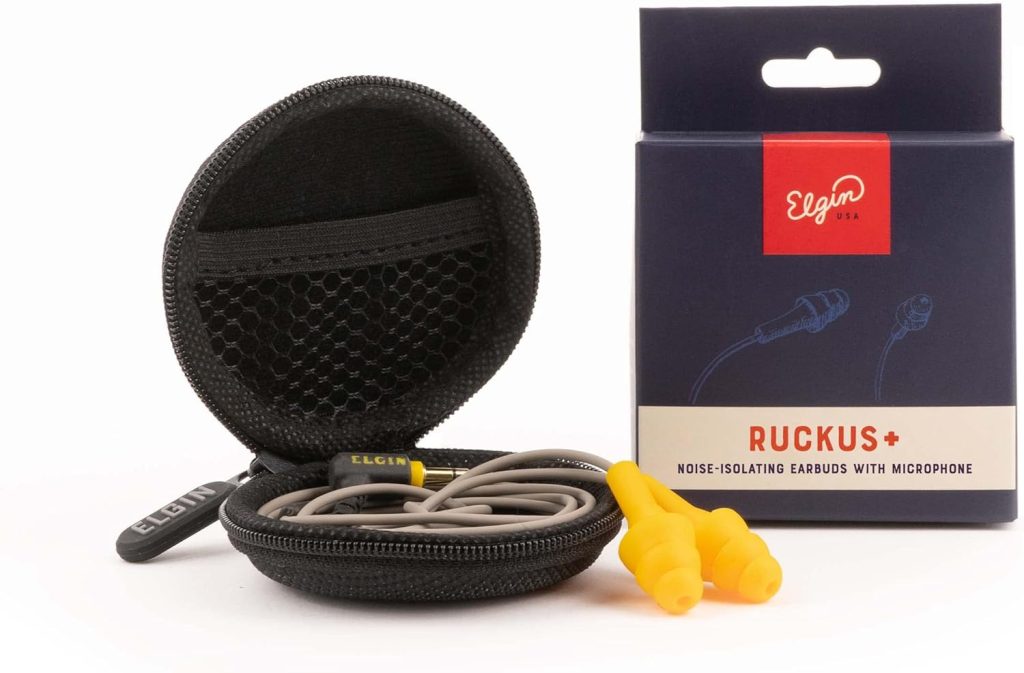Elgin Ruckus+ Earplug Earbuds with Mic, 25 dB Noise Reduction Wired Earbuds, Safety Ear Plugs Headphones, OSHA Compliant Hearing Protection for Work Construction Industrial, Sweatproof Headphones