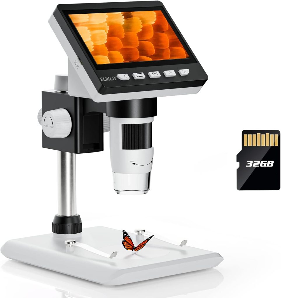 Elikliv EDM43 4.3 Coin Microscope, LCD Digital Microscope 1000x, Coin Magnifier with 8 Adjustable LED Lights, PC View, Windows Compatible(White)
