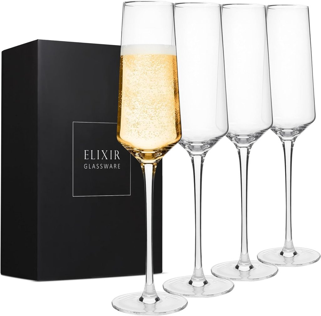 ELIXIR GLASSWARE Classy Champagne Flutes - Hand Blown Crystal Champagne Glasses - Set of 4 Elegant Flutes - Gift for Wedding, Anniversary, Christmas - 8oz, Clear