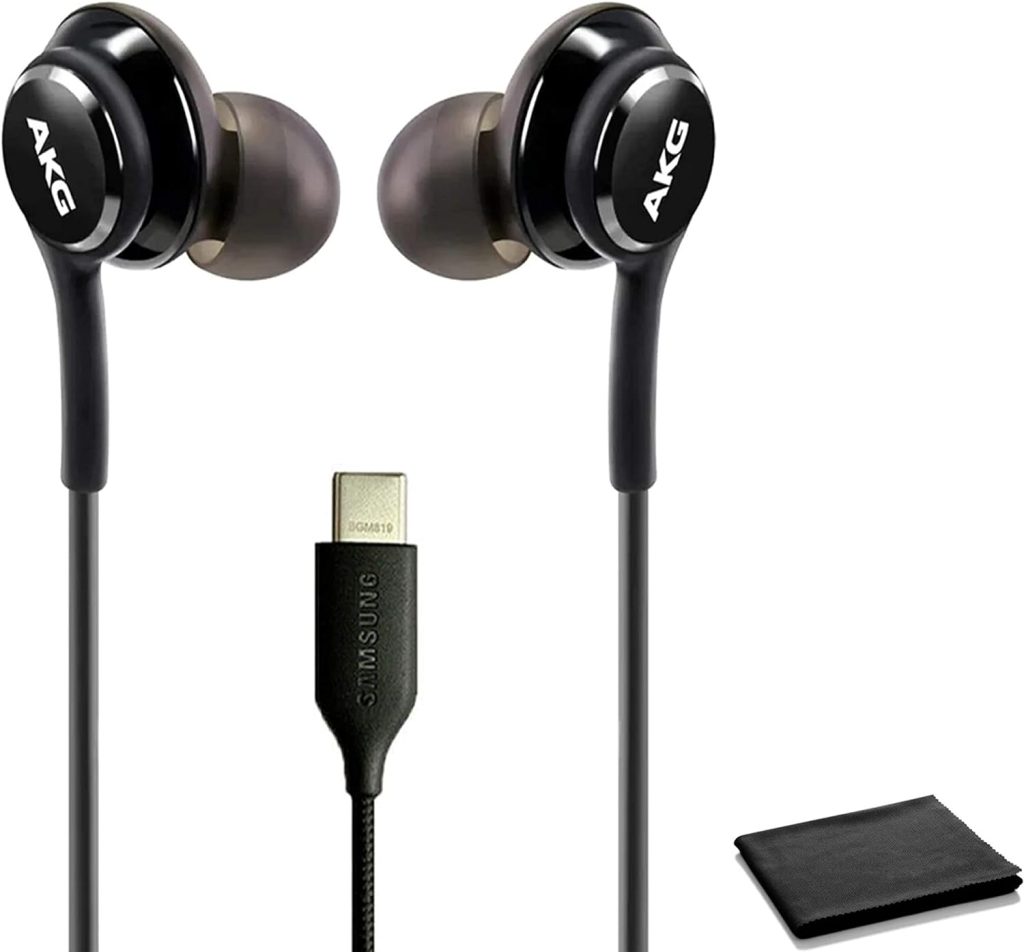 ElloGear 2023 Earbuds Stereo Headphones for Samsung Galaxy Note 10, Note 10+, Galaxy S10, S9 Plus, S10e - Designed by AKG - Cable with Microphone, Volume Remote Type-C Connector - Black with Cloth