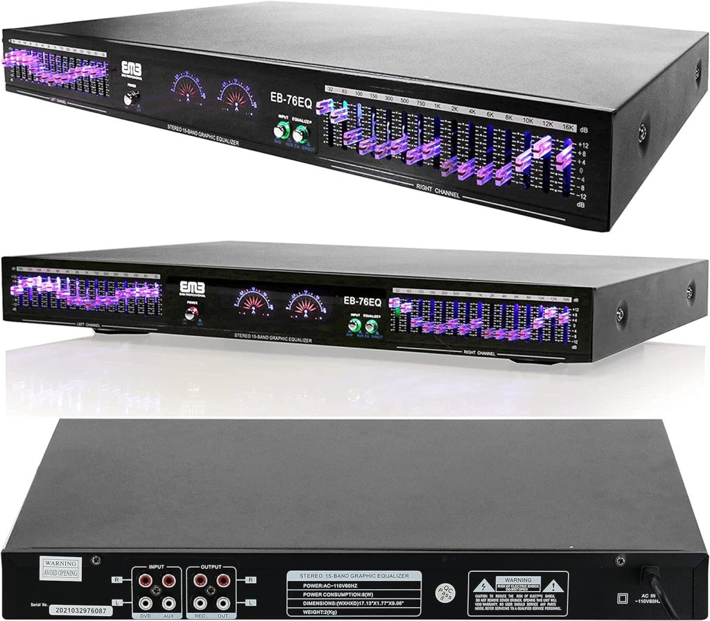 EMB EQ76 19 Rack Mount Dual 15 Band 4 Input Stereo Graphic Equalizer Pro DJ with 2 RCA line input and output, Removable Rack Mount Brackets and 110V/220V Switchable Power Source