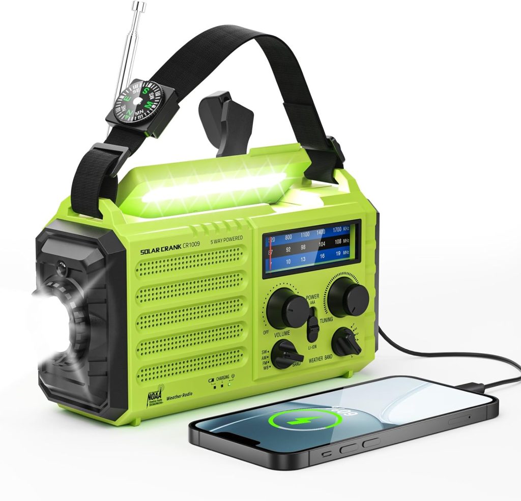 Emergency Crank Weather Radio,Portable NOAA AM FM Shortwave Radio,Battery Operated Solar Hand Crank Rechargeable Radio with USB Charger,Reading Lamp,SOS Alarm,Camping Flashlight for Survival Emergency