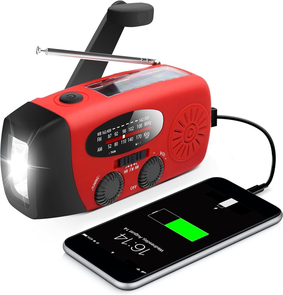 Emergency Hand Crank Radio with LED Flashlight for Emergency, AM/FM NOAA Portable Weather Radio with 2000mAh Power Bank Phone Charger, USB Charged  Solar Power for Camping, Emergency