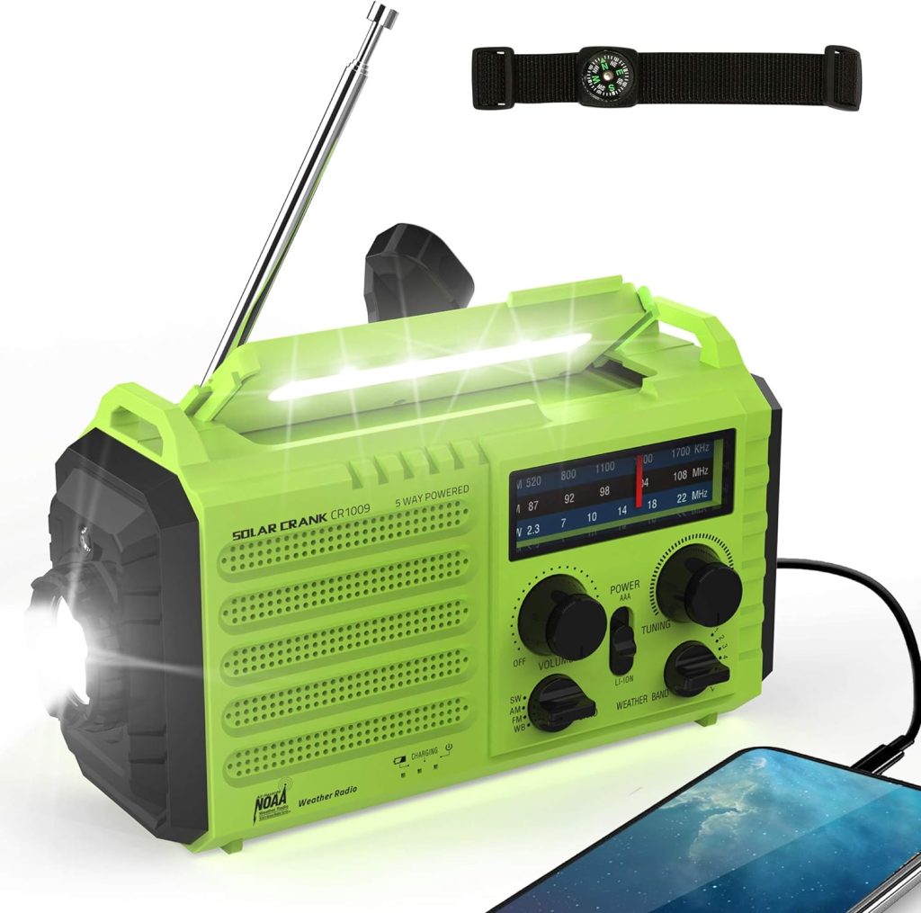 Emergency Radio Hand Crank Solar, AM/FM/SW NOAA Weather Radio, Portable Battery Operated Radio with Cell Phone Charger, 3W LED Flashlight  Reading Lamp, SOS for Home,Storm,Camping,Survival Green