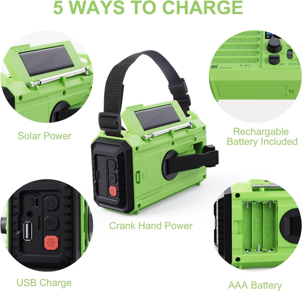 Emergency Radio Raynic 5000 Weather Radio Solar Hand Crank AM/FM/SW/NOAA Weather Alert Portable Radio with Cellphone Charger, Headphone Jack, Flashlight, Reading Lamp and SOS Alarm (Green)