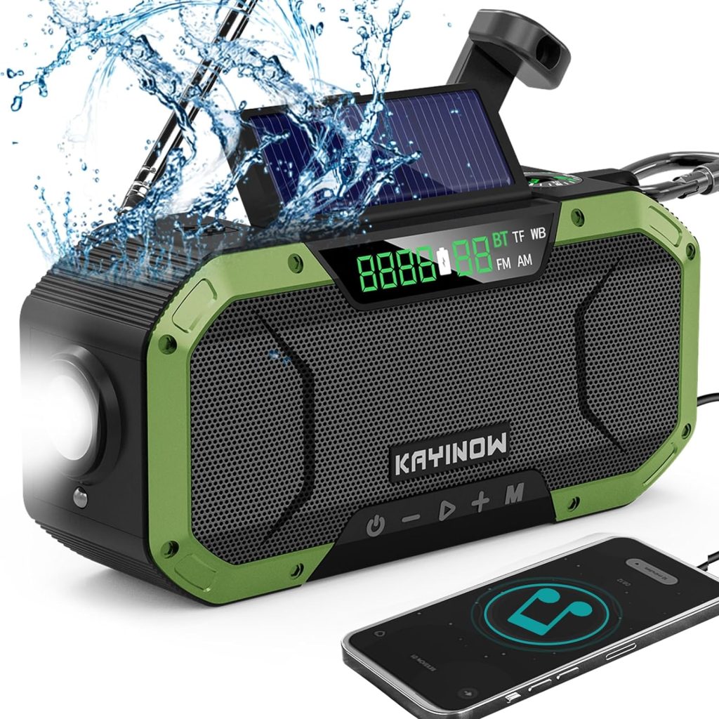 Emergency Radio Waterproof Bluetooth Speaker,Portable AM FM NOAA Weather Radio,Hand Crank Solar Radio Powered,5000mAh Rechargeable Battery Operated,Phone Charger,Flashlight,SOS,Survival Storm Camping