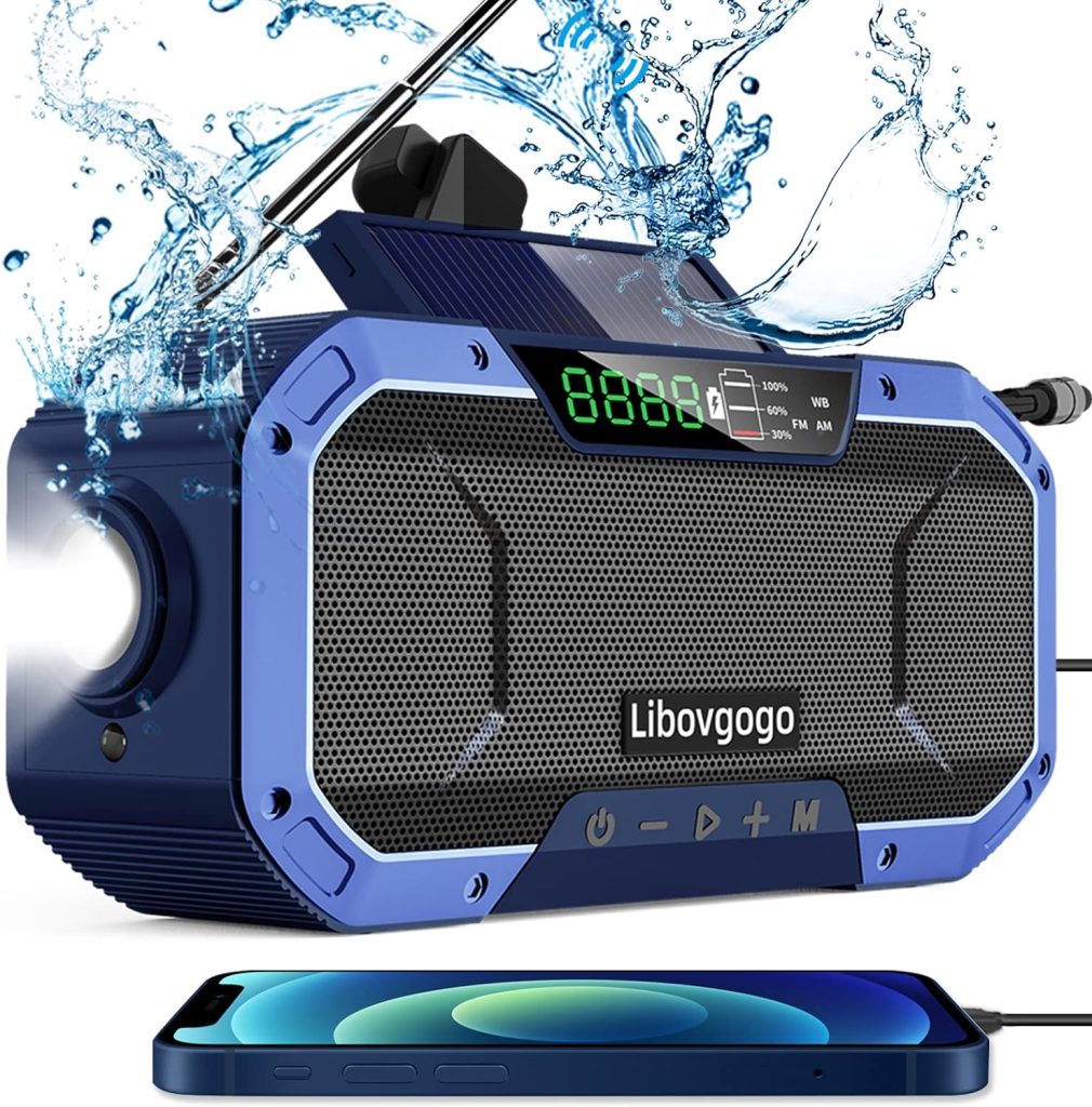 Emergency Radio Waterproof Camping Radio,Portable Digital AM FM Radio with Flashlight,Reading Lamp,Hand Crank WB NOAA Weather Radio with Solar Panel,5000mAH Cell Phone Charger,Outdoor Survival Gadget