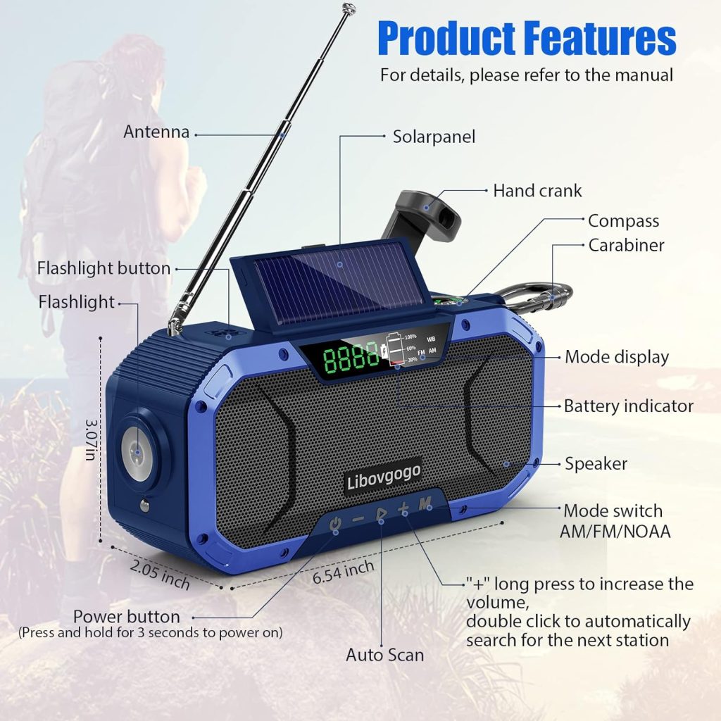 Emergency Radio Waterproof Camping Radio,Portable Digital AM FM Radio with Flashlight,Reading Lamp,Hand Crank WB NOAA Weather Radio with Solar Panel,5000mAH Cell Phone Charger,Outdoor Survival Gadget