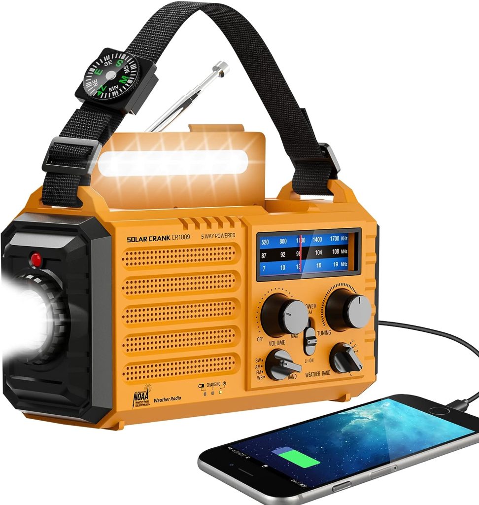 Emergency Rechargeable Radio with NOAA Weather Alert, Portable Battery Powered Solar Hand Crank AM FM Shortwave Radio for Survival,USB Charger,Flashlight,Reading Lamp,SOS Alarms for Home Outdoor