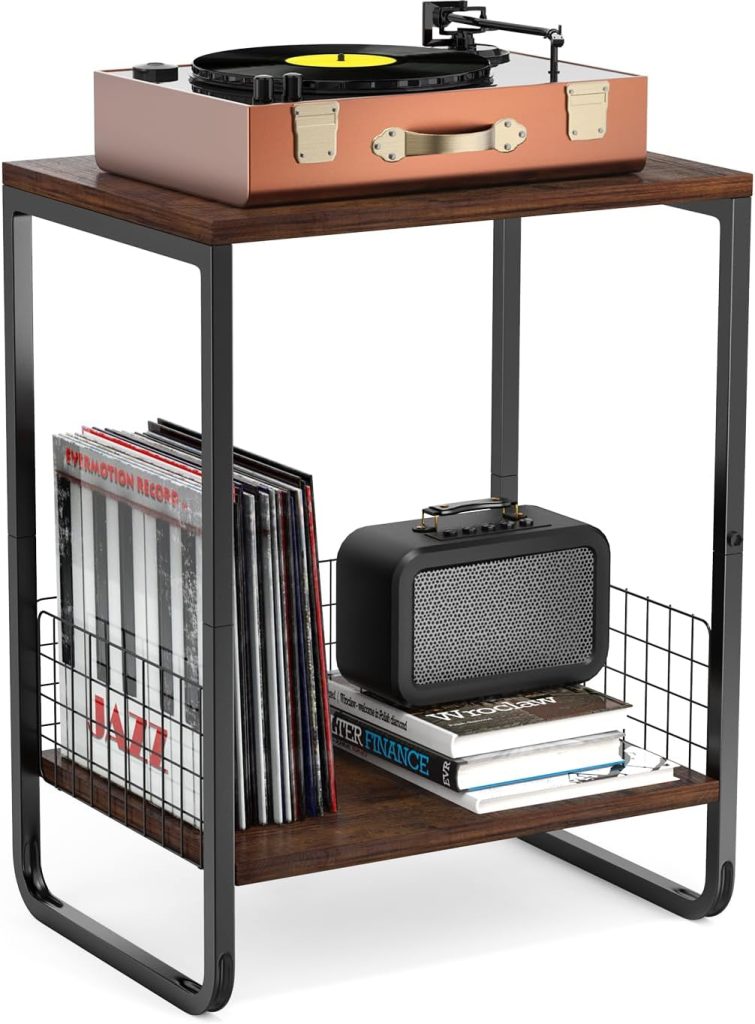 Emfogo Record Player Stand, 2 Tier Record Player Table with Vinyl Record Album Storage, Industrial Retro Nightstand Small End Table for Living Room Bedroom Office(Rustic Brown)