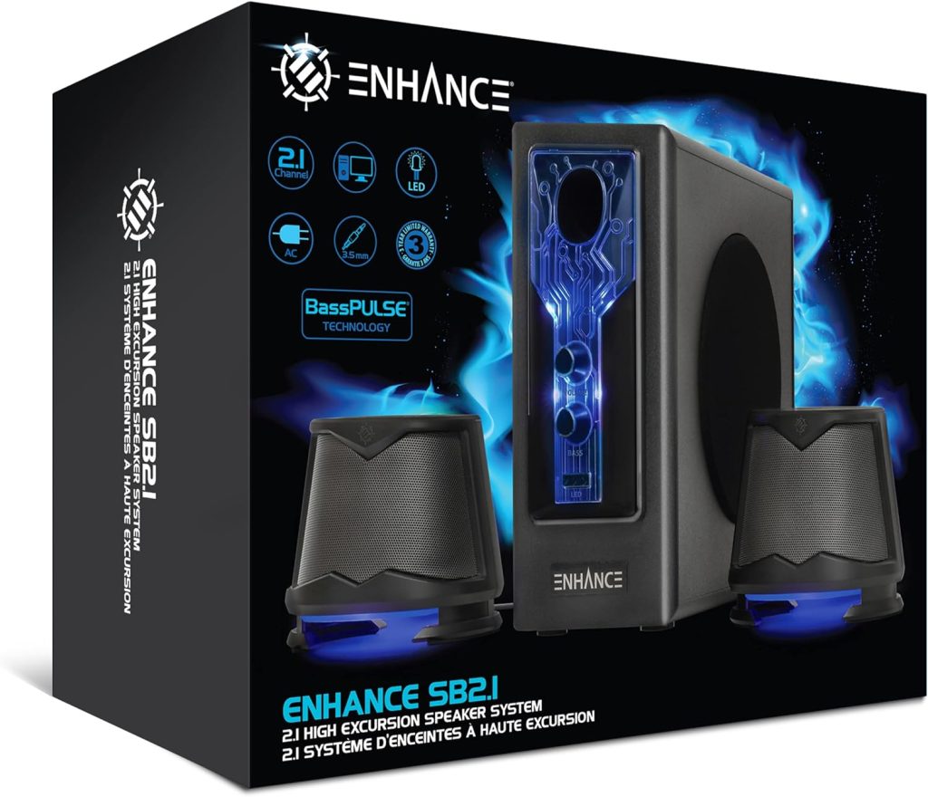 ENHANCE SB 2.1 Computer Speakers with Subwoofer - Blue LED Gaming Speakers, Computer Speaker System, AC Powered  3.5mm, Volume and Bass Control, Compatible with Gaming PC, Desktop, Laptop