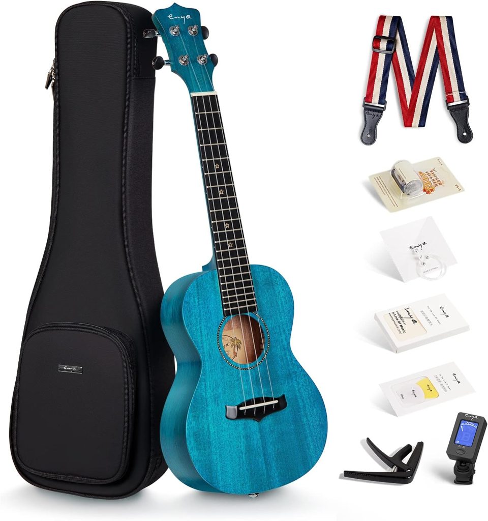 Enya Concert Ukulele 23 Inch Blue Solid Mahogany Top with Ukulele Starter Kit Includes Online Lessons, Tuner,Case, Strap, Strings, Capo, Sand Shaker, Pick,Polish Cloth (EUC-25D BU)