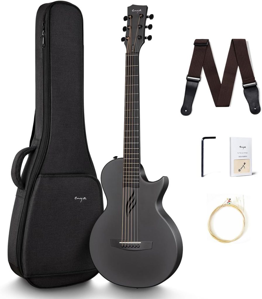 Enya Nova Go Carbon Fiber Acoustic Guitar 1/2 Size Beginner Adult Travel Acustica Guitarra w/Starter Bundle Kit of Colorful Packaging, Acoustic Guitar Strap, Gig Bag, Cleaning Cloth, String(Black)