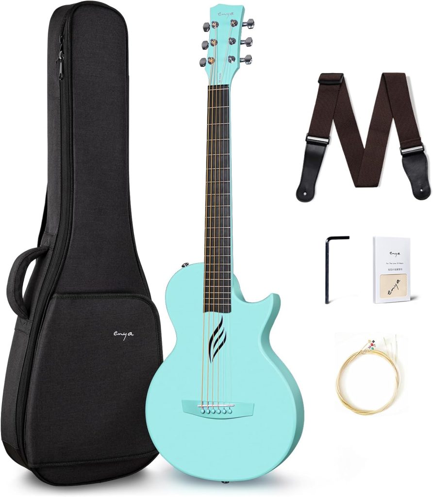 Enya Nova Go Carbon Fiber Acoustic Guitar 1/2 Size Beginner Adult Travel Acustica Guitarra w/Starter Bundle Kit of Colorful Gift Packaging, Acoustic Guitar Strap, Gig Bag, Cleaning Cloth(Blue)