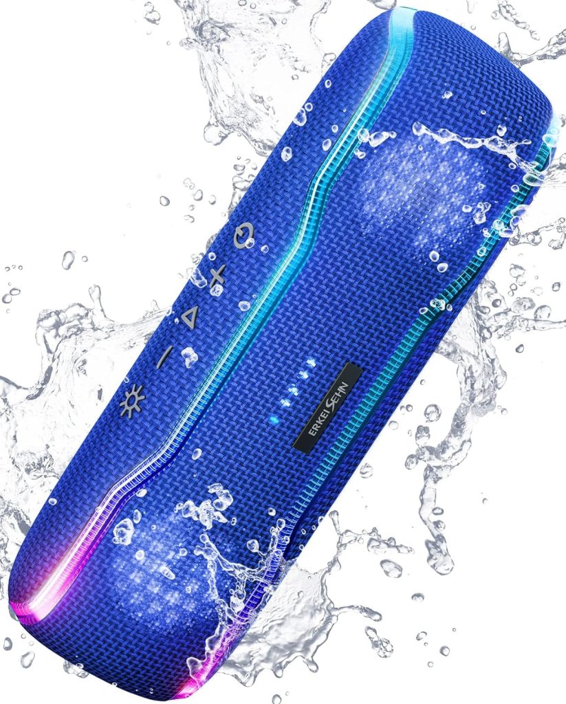 ERKEISEHN Bluetooth Speaker, IPX7 Waterproof Wireless Speaker with Colorful Flashing Light, 25W Super Bass with 24H Playtime, 100ft Bluetooth Range, TWS Pairing for Outdoor, Home, Party, Beach, Travel
