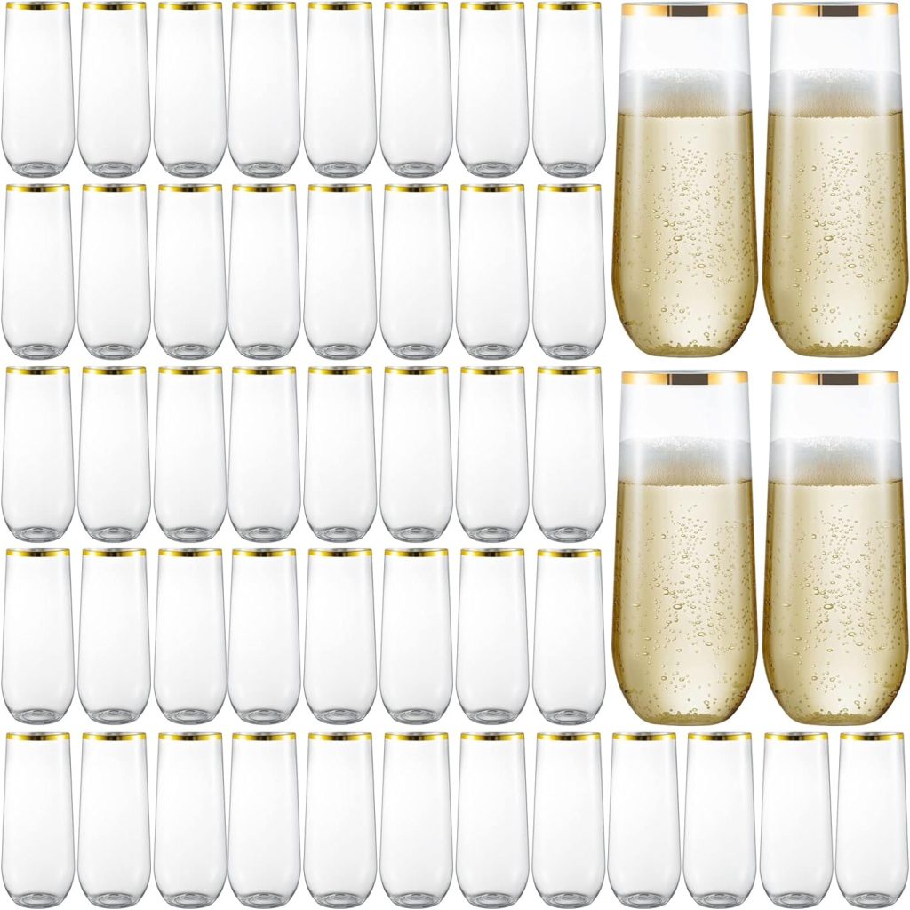 eventpartener 48 Pack Plastic Stemless Champagne Flutes, Disposable Unbreakable 9 Oz Toasting Glasses With Gold rim, Fancy  Shatterproof Champagne Glasses, Ideal for Wedding, Birthday, Party, Easter