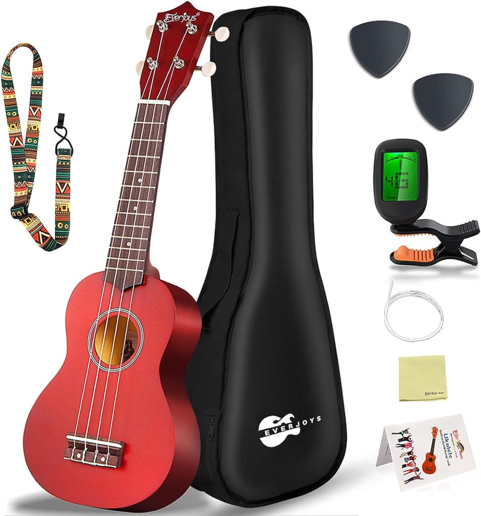 Everjoys Soprano Ukulele Beginner Pack-21 Inch w/Free Online Lesson Gig Bag Fast Learn Songbook Digital Tuner Pick Polishing Cloth All in One Kit