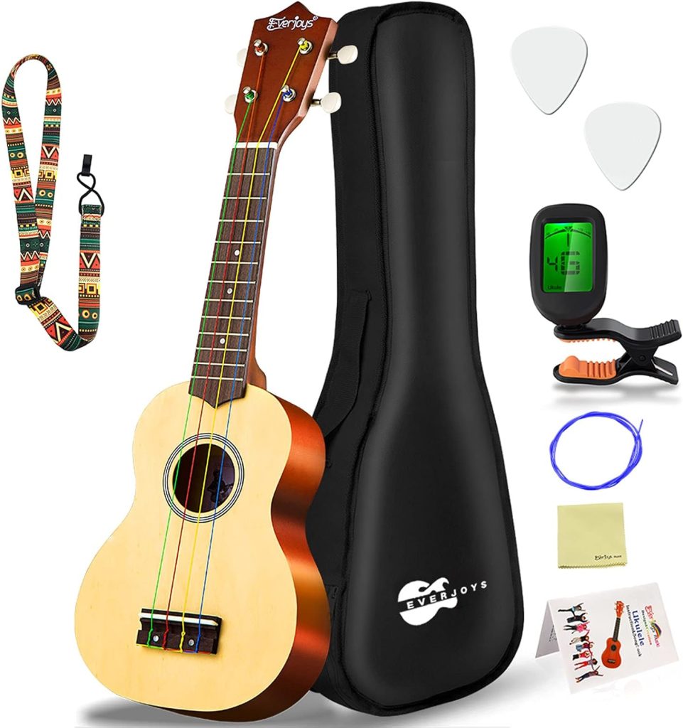 Everjoys Soprano Ukulele Beginner Pack-21 Inch w/Rainbow String Free Online Lesson Gig Bag Fast Learn Songbook Digital Tuner Pick All in One Kit