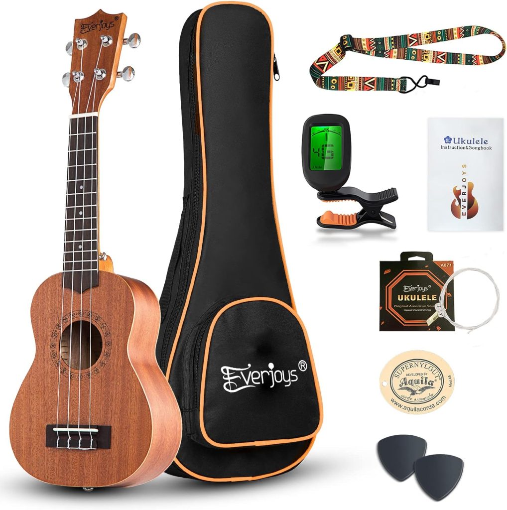 Everjoys Soprano Ukulele Starter Kit - Professional Mahogany 21 inch Ukelele w/Online Lesson Case Strap Digital Tuner Aquila Strings