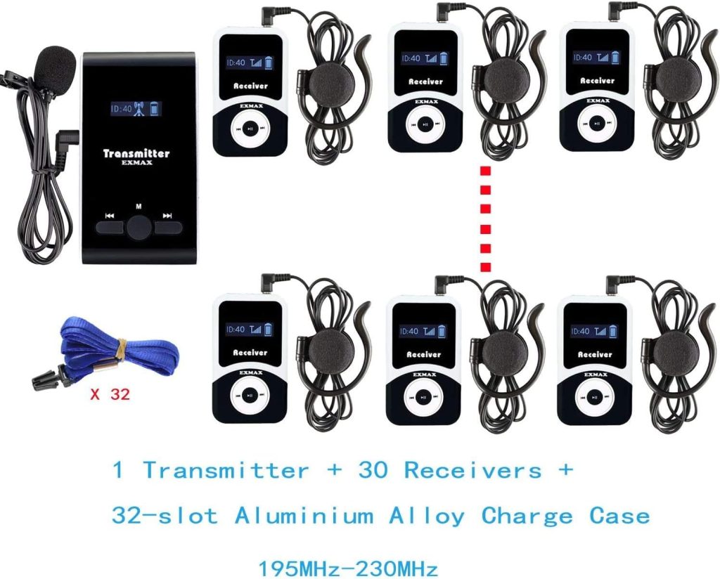 EXMAX® ATG-100T 195MHz Wireless Tour Guide Monitoring Voice Audio Transmission System+Aluminium Charging Case for Teaching Tour Guides Conference Church Museum(1 Transmitters and 30 Receivers)