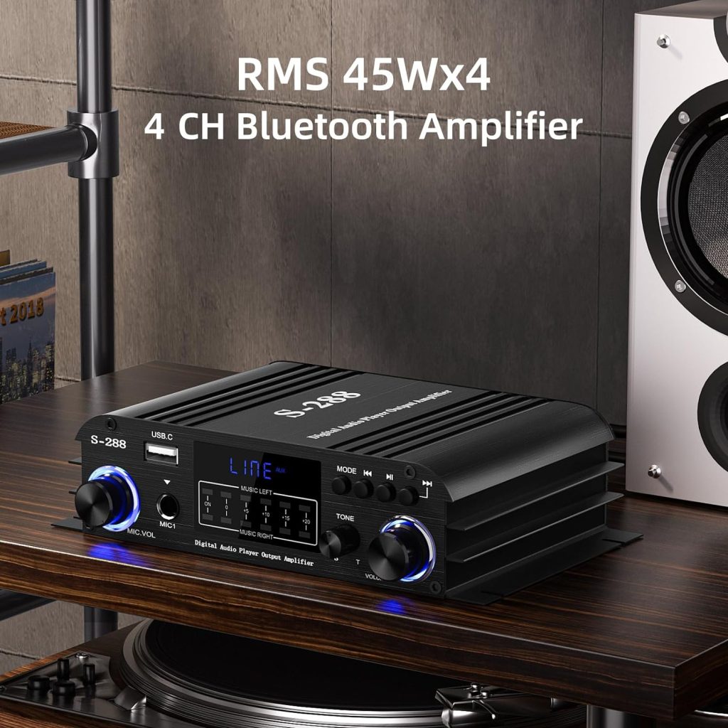 Facmogu S-288 4 CH Bluetooth 5.0 Home Audio Amplifier, RMS 45Wx4, Max 600W HiFi Stereo Power Amplifier USB, SD, FM Class D Speaker Amp for Home Theater Karaoke, with Power Adapter  Remote Control