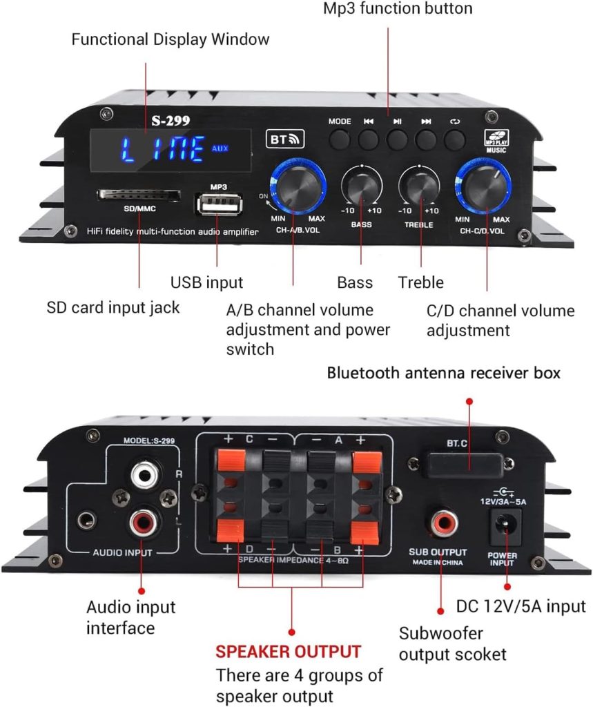 Facmogu S-299 4.1CH Bluetooth Power Amplifier with Active Subwoofer Output Max 800W RMS 40Wx4 Subwoofer Amplifier Hi-Fi Integrated Mini Speaker Amp Audio Sub Bass Amp Remote Control  12V Power Supply