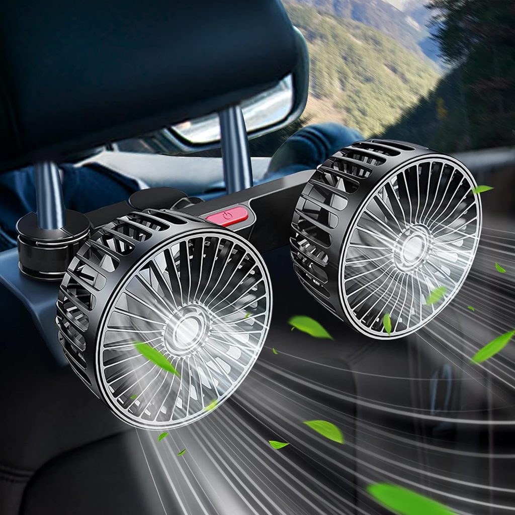 Fan For Car Backseat, USB Car Fan With Dual Heads, 3 Speed Strong Wind Car Cooling Fan Rear Seat Air Circulation Fan with 360 Degree Adjustable Clip for All Vehicles(Compatible With 12V/24 Cars)