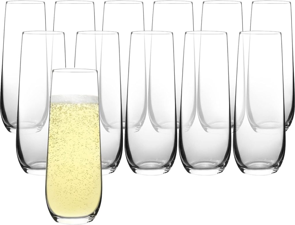 FAWLES Stemless Champagne Flutes Set of 12, Crystal Glass, 8 oz Champagne Glasses, Prosecco Mimosa Glasses Set
