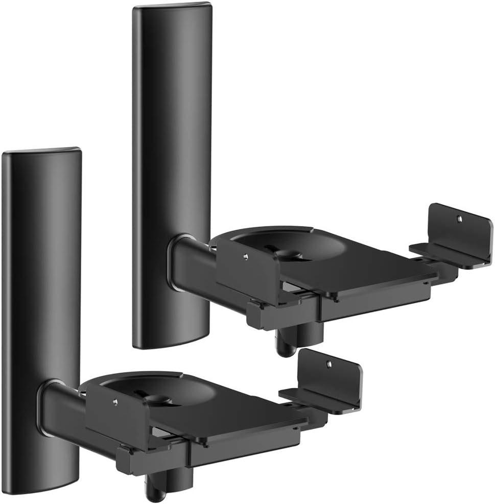 FDM Universal Speaker Wall Mount One Pair of Side Clamping Bookshelf Speaker Mount Bracket with Swivel and Tilt for Sound Speakers (Black)