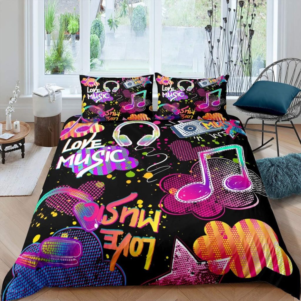 Feelyou Music Note Duvet Cover Set Queen Size Rock Music Theme Comforter Cover Boys Girls Headphones Radio Bedding Set Luxury Microfiber Quilt Cover 2 Pillowcases Colorful